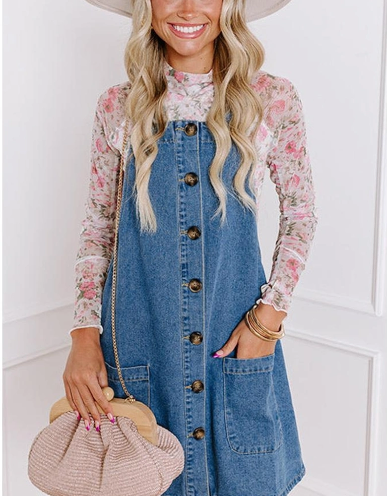 Dusk Blue Wide Strap Button Front Pocketed Denim Mini Dress
