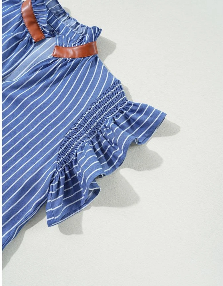 Sky Blue Stripe Frilly Split Neck Shirred Ruffle Sleeve Short Shift Dress
