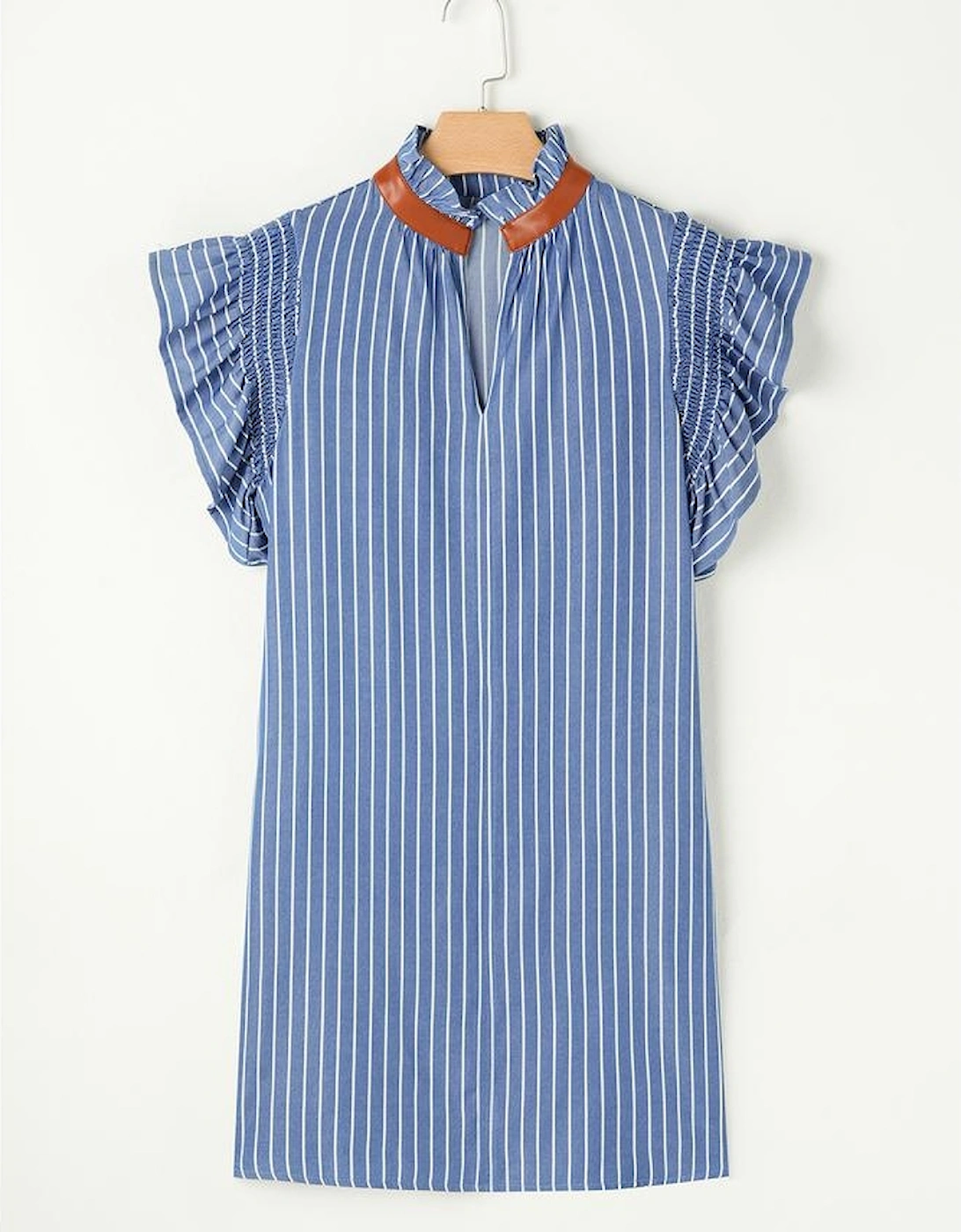 Sky Blue Stripe Frilly Split Neck Shirred Ruffle Sleeve Short Shift Dress