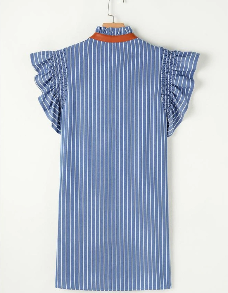Sky Blue Stripe Frilly Split Neck Shirred Ruffle Sleeve Short Shift Dress