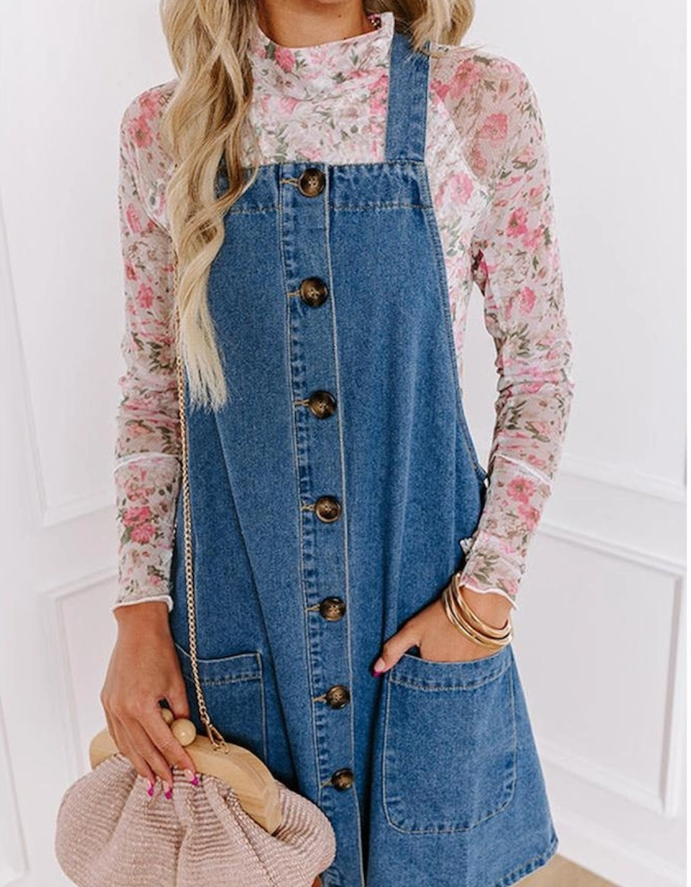 Dusk Blue Wide Strap Button Front Pocketed Denim Mini Dress