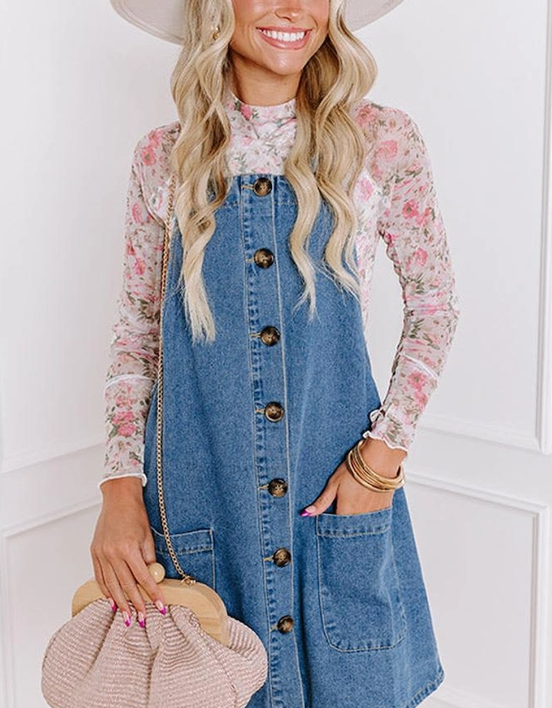 Dusk Blue Wide Strap Button Front Pocketed Denim Mini Dress, 6 of 5