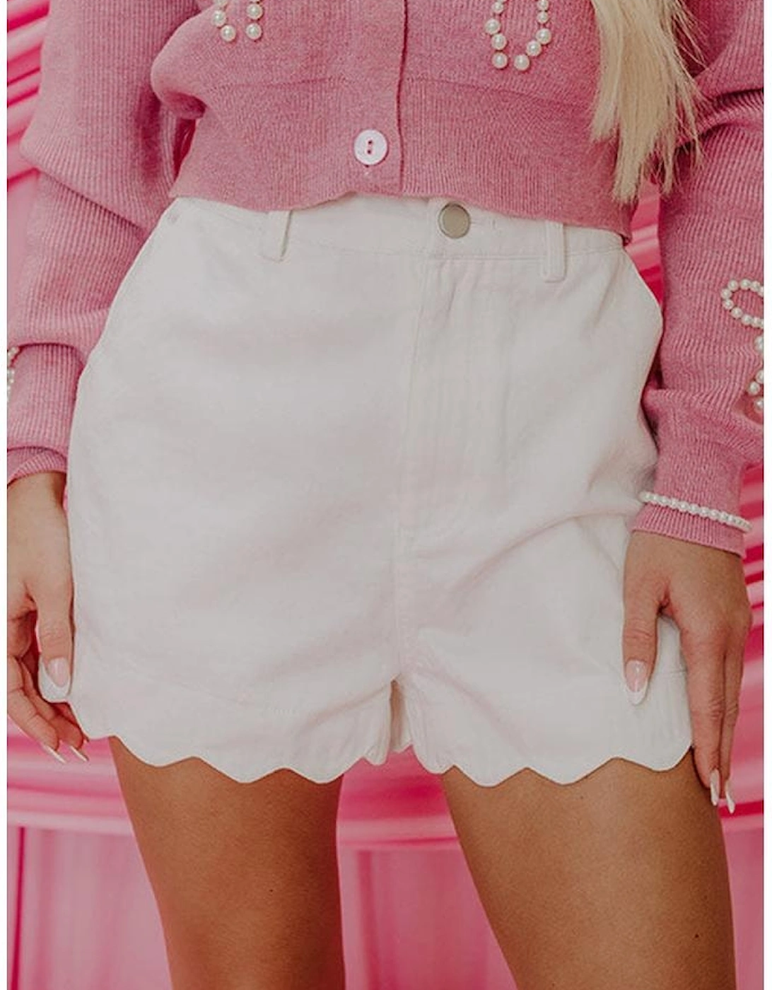 White Scalloped Hemline Acid Wash High Waist Denim Shorts