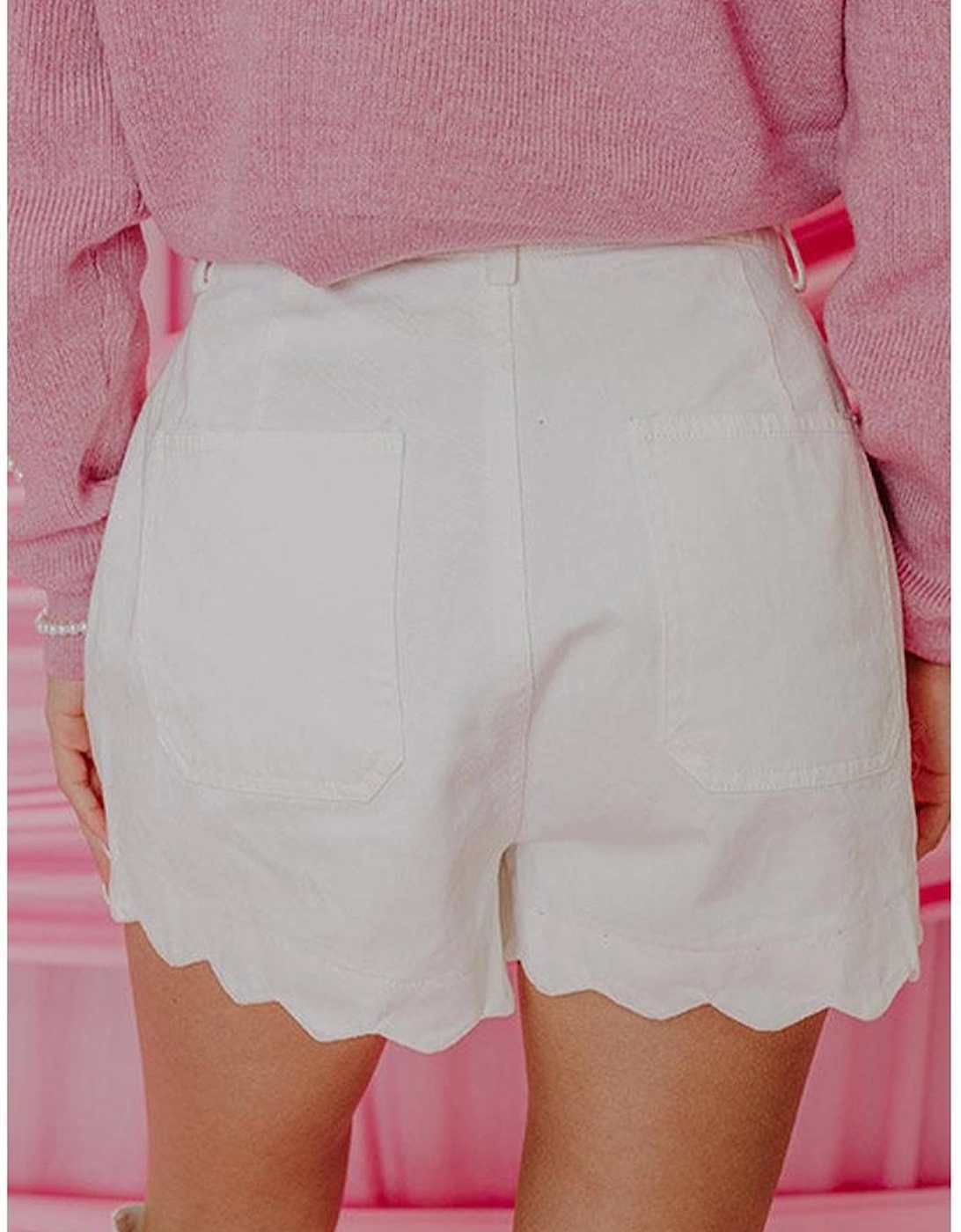 White Scalloped Hemline Acid Wash High Waist Denim Shorts, 4 of 3