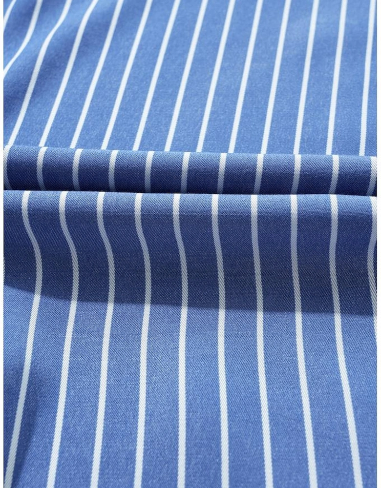 Sky Blue Stripe Frilly Split Neck Shirred Ruffle Sleeve Short Shift Dress