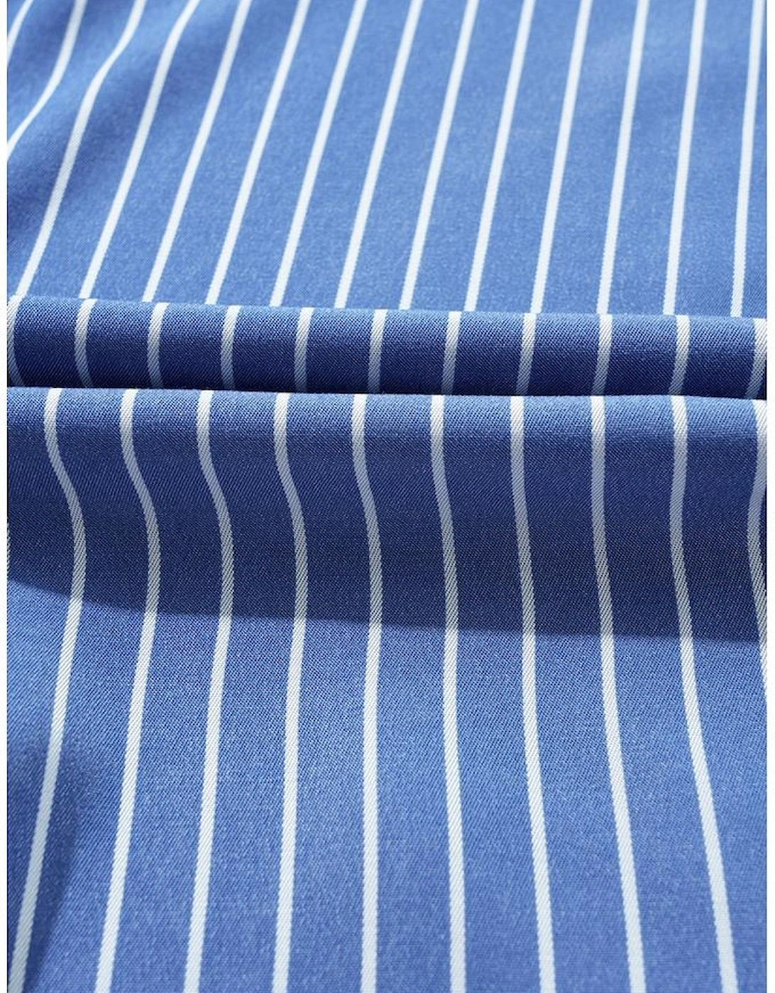 Sky Blue Stripe Frilly Split Neck Shirred Ruffle Sleeve Short Shift Dress