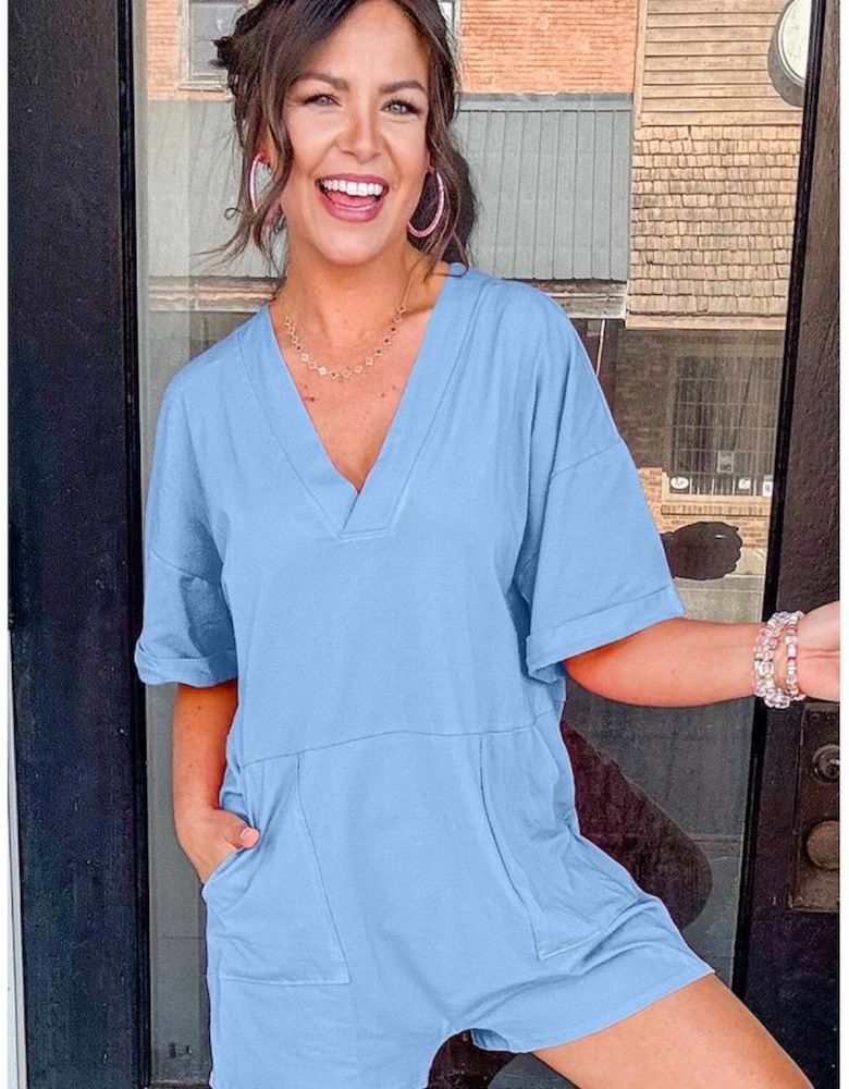 Myosotis Loose Half Sleeve V Neck Knit Romper