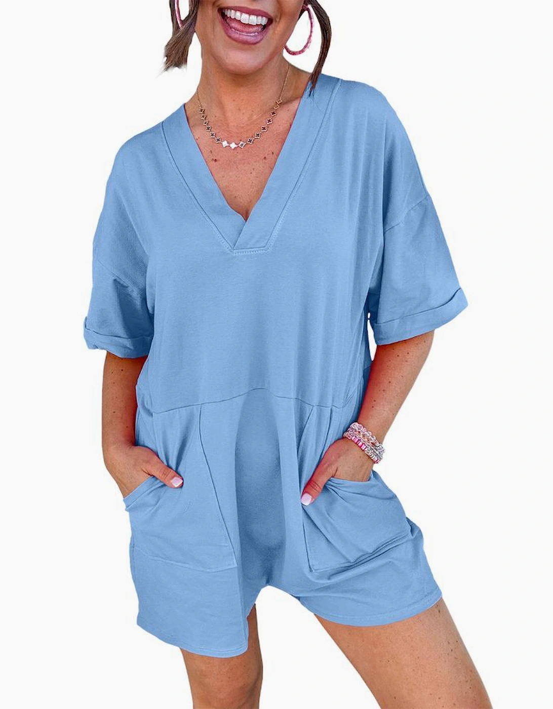 Myosotis Loose Half Sleeve V Neck Knit Romper