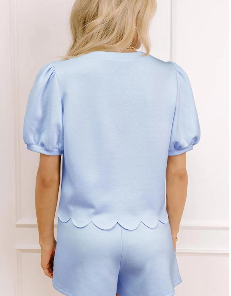 Beau Blue Puff Sleeve Pearl Embellished Scallop Trim Top 2 Piece Skort Set