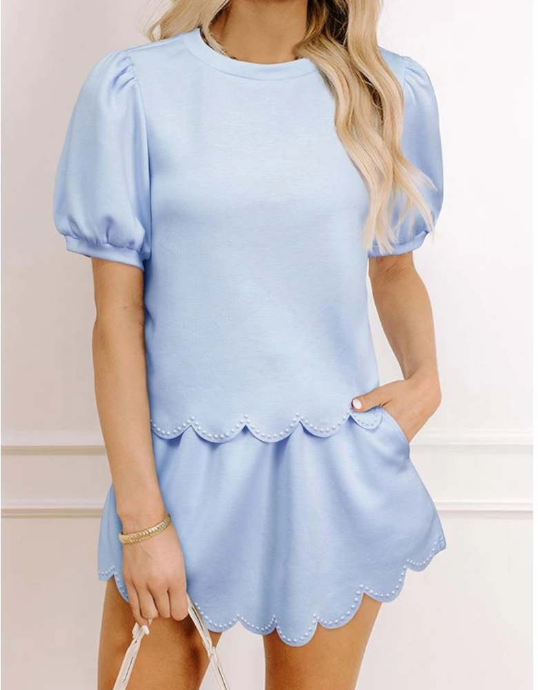 Beau Blue Puff Sleeve Pearl Embellished Scallop Trim Top 2 Piece Skort Set