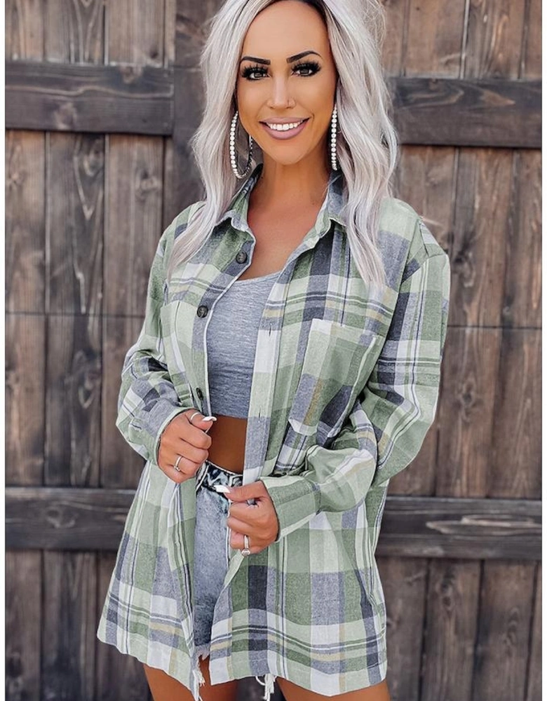 Green Plaid Button Up Patch Pocket Shirt