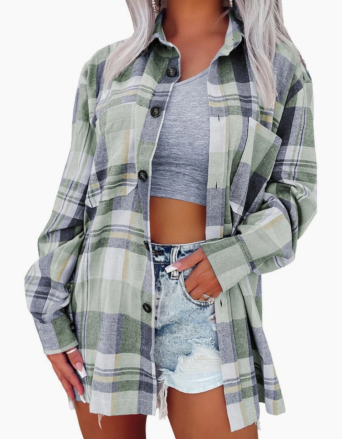 Green Plaid Button Up Patch Pocket Shirt