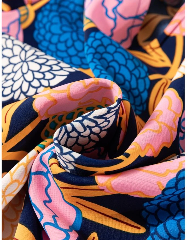 Navy Blue Hydrangea Floral Print Bishop Sleeve V Neck Shift Dress