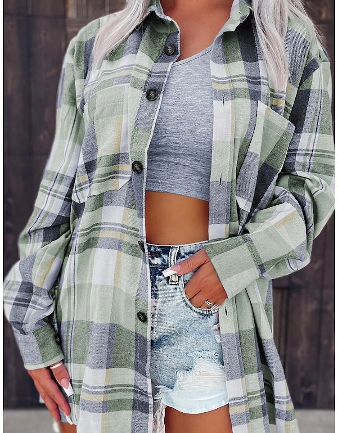 Green Plaid Button Up Patch Pocket Shirt