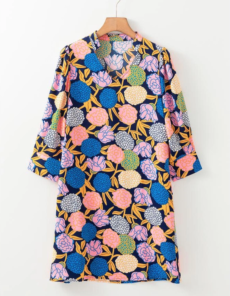 Navy Blue Hydrangea Floral Print Bishop Sleeve V Neck Shift Dress