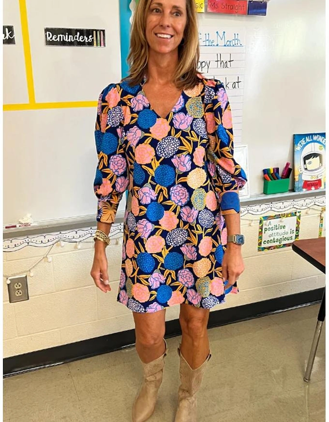 Navy Blue Hydrangea Floral Print Bishop Sleeve V Neck Shift Dress