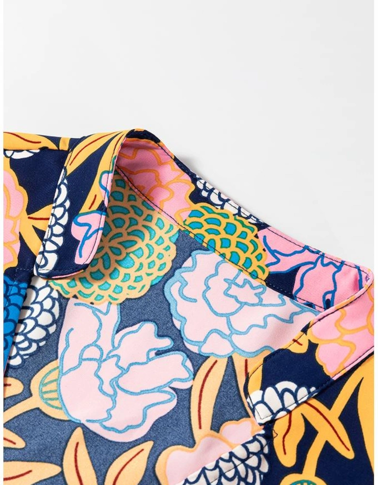 Navy Blue Hydrangea Floral Print Bishop Sleeve V Neck Shift Dress