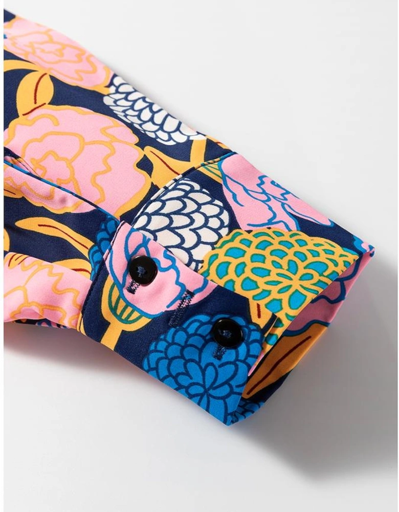 Navy Blue Hydrangea Floral Print Bishop Sleeve V Neck Shift Dress