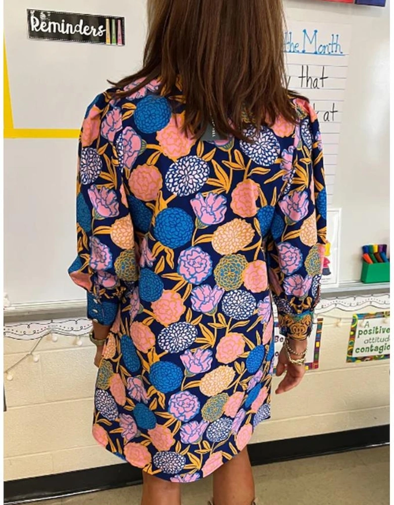 Navy Blue Hydrangea Floral Print Bishop Sleeve V Neck Shift Dress
