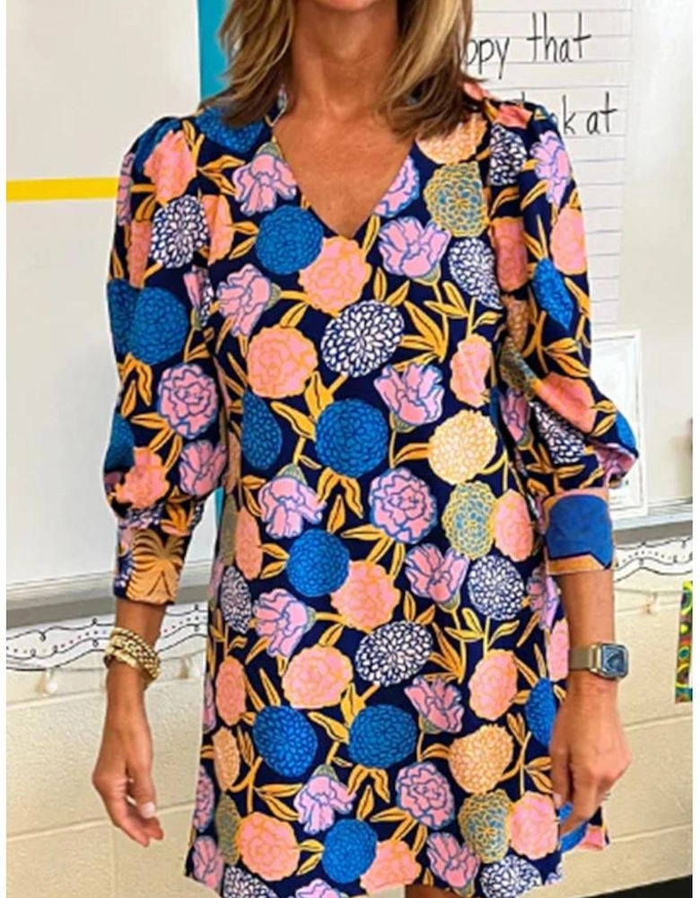 Navy Blue Hydrangea Floral Print Bishop Sleeve V Neck Shift Dress
