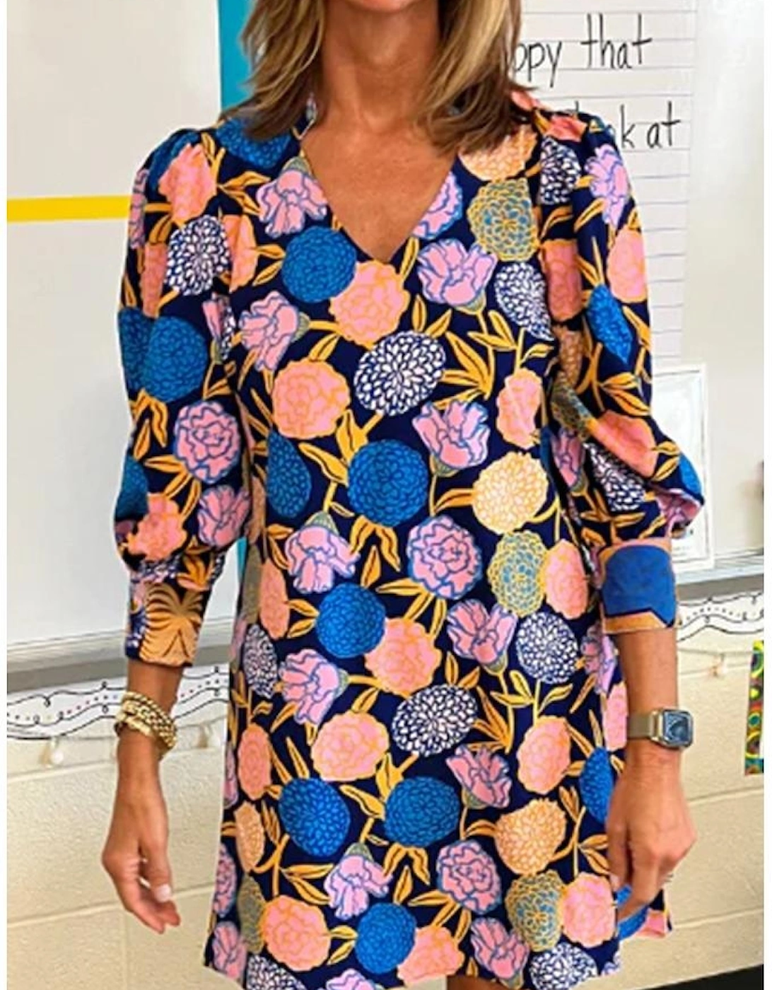 Navy Blue Hydrangea Floral Print Bishop Sleeve V Neck Shift Dress