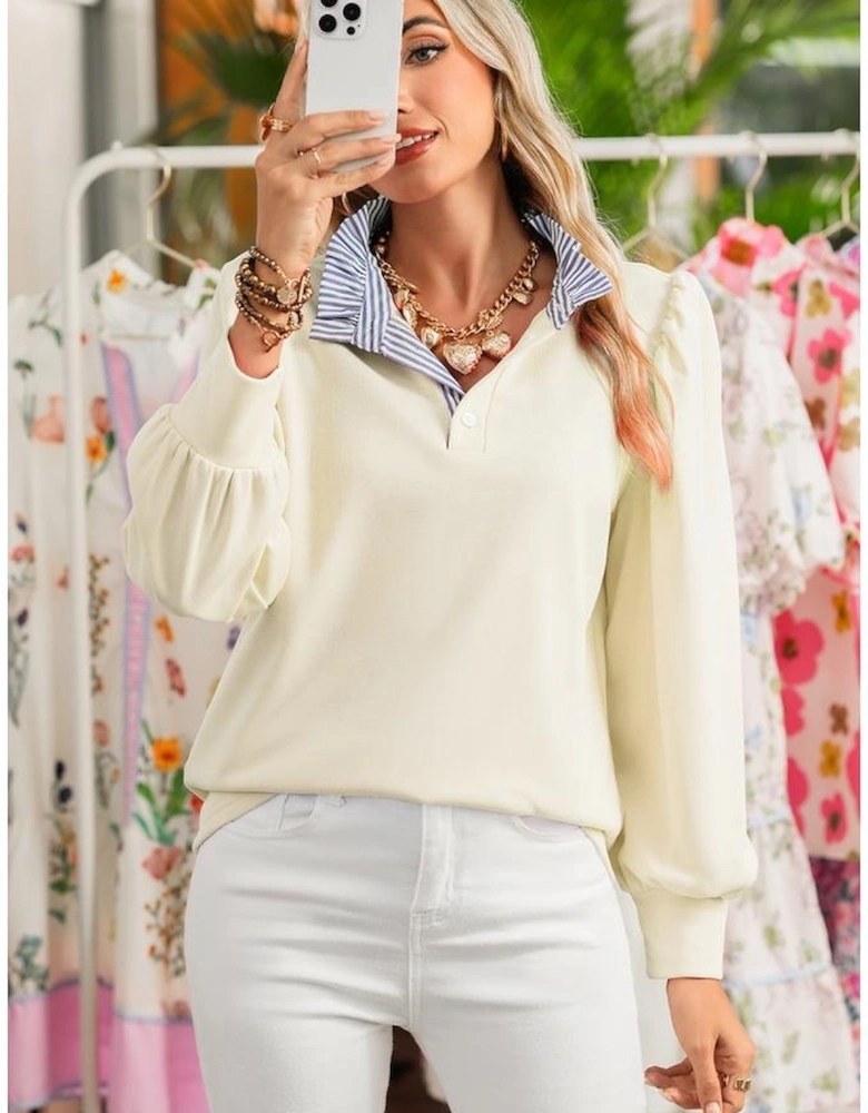 White Button Striped Collar Patchwork Puff Sleeve Sweatshirt