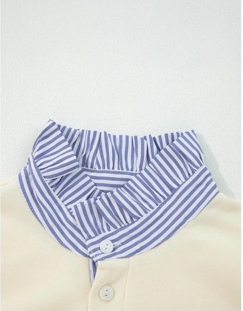 White Button Striped Collar Patchwork Puff Sleeve Sweatshirt