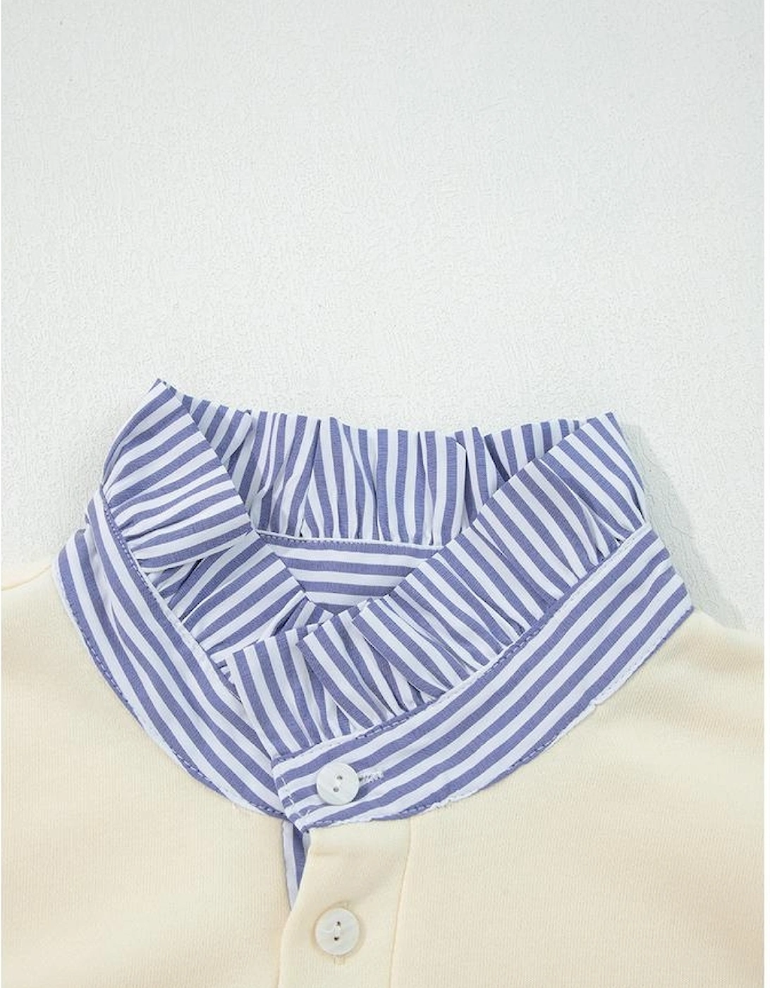 White Button Striped Collar Patchwork Puff Sleeve Sweatshirt