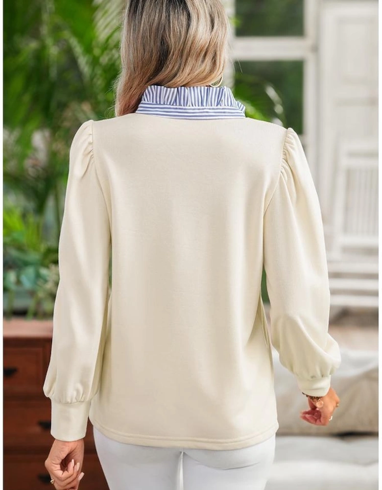 White Button Striped Collar Patchwork Puff Sleeve Sweatshirt