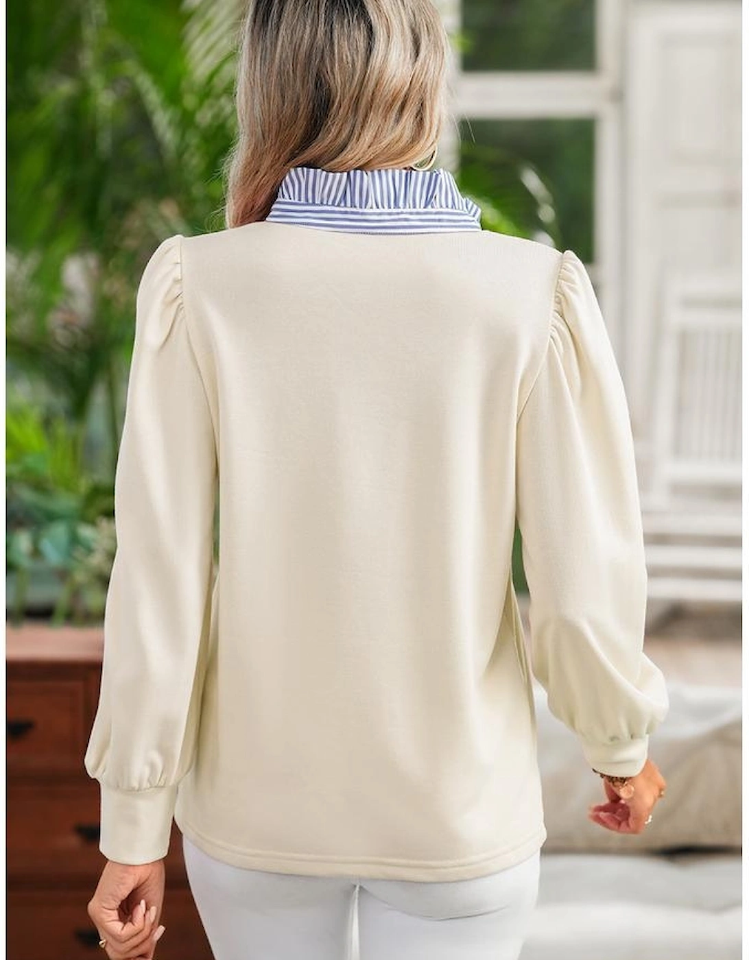 White Button Striped Collar Patchwork Puff Sleeve Sweatshirt, 12 of 11