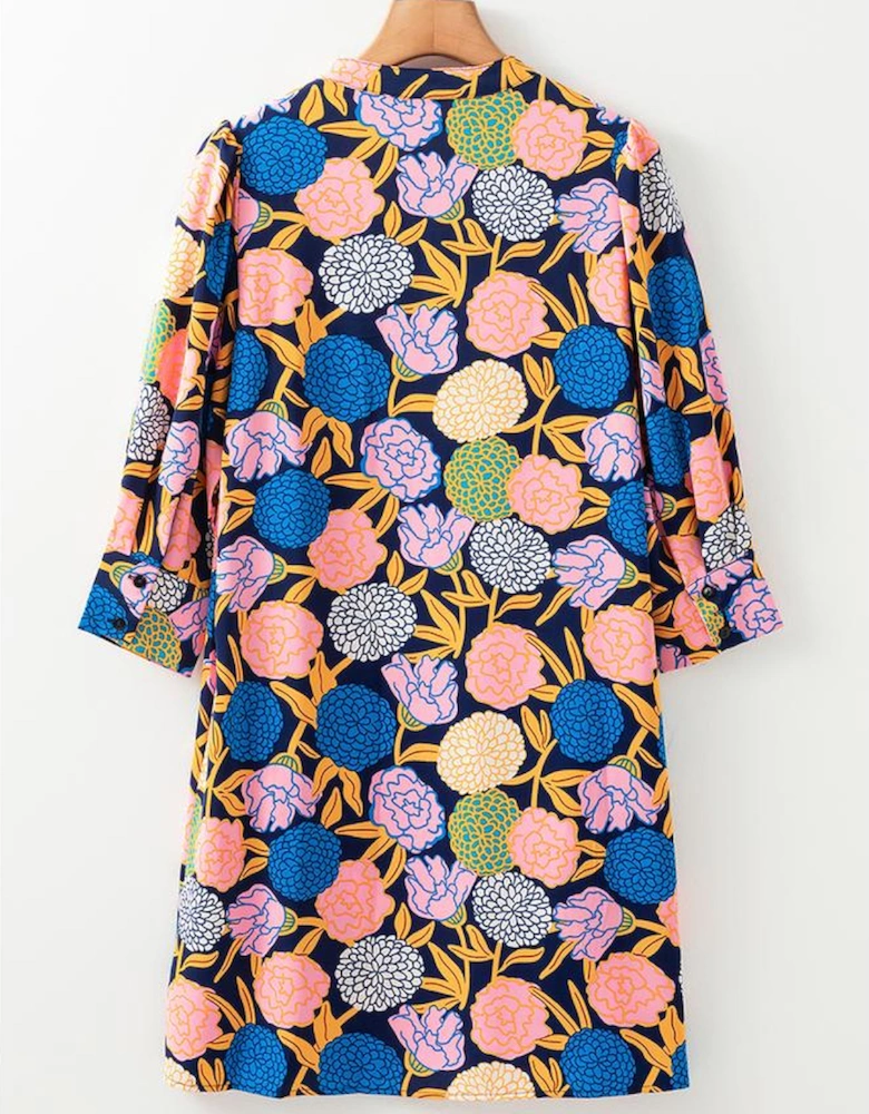 Navy Blue Hydrangea Floral Print Bishop Sleeve V Neck Shift Dress