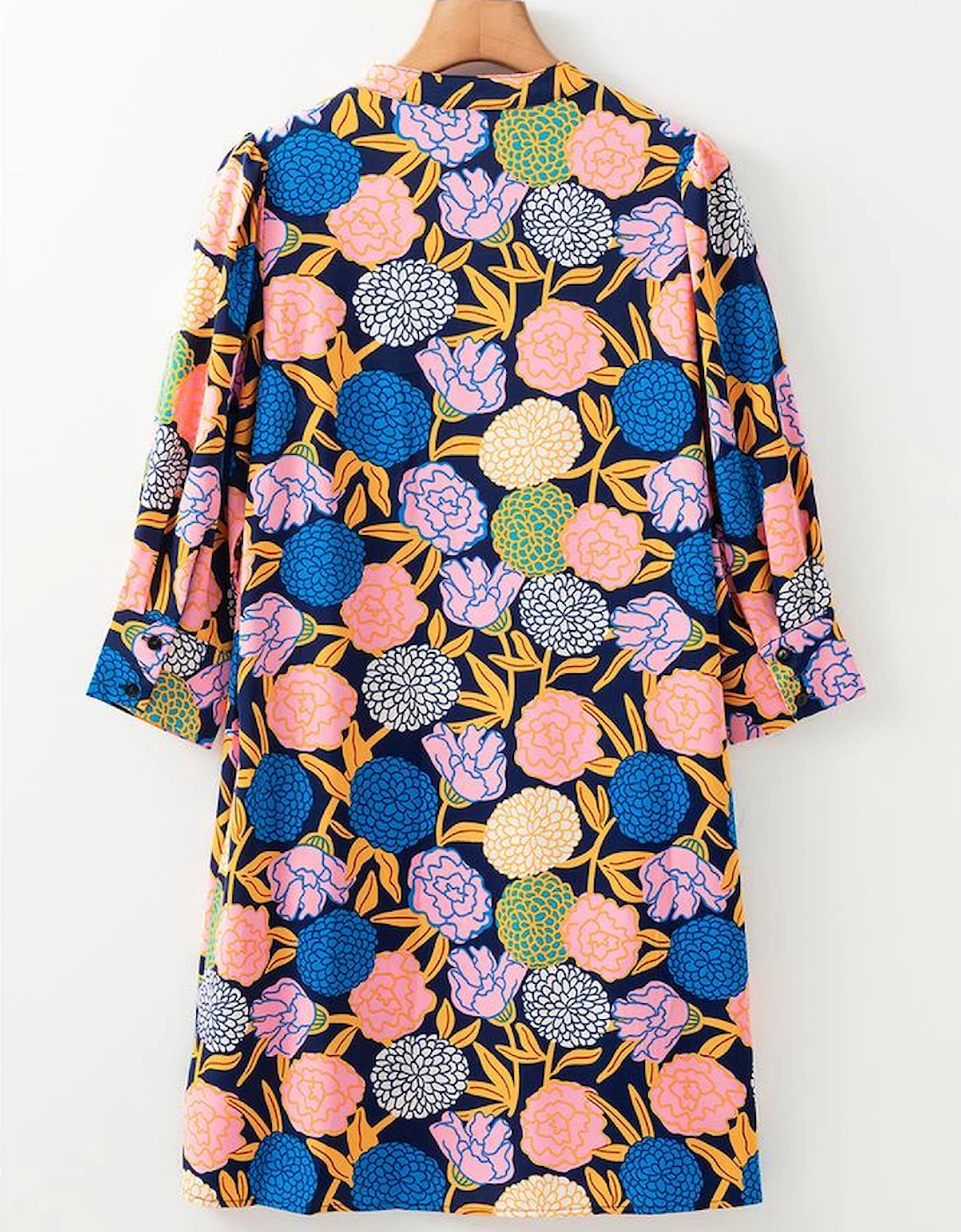 Navy Blue Hydrangea Floral Print Bishop Sleeve V Neck Shift Dress