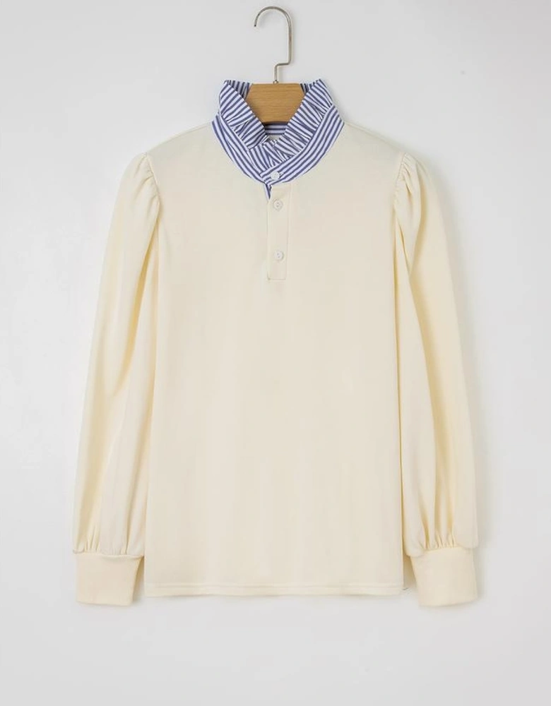 White Button Striped Collar Patchwork Puff Sleeve Sweatshirt