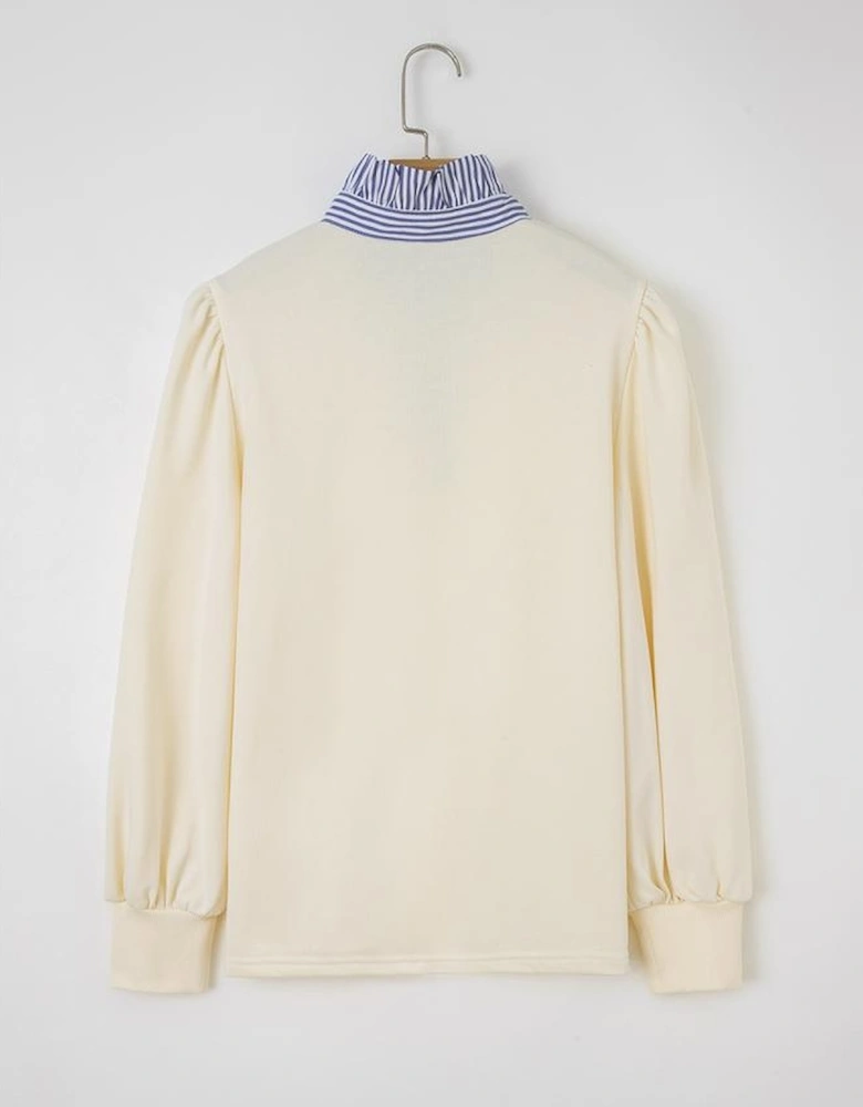 White Button Striped Collar Patchwork Puff Sleeve Sweatshirt