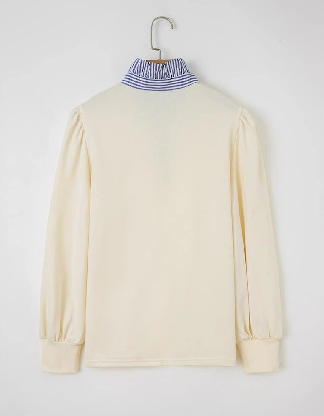 White Button Striped Collar Patchwork Puff Sleeve Sweatshirt