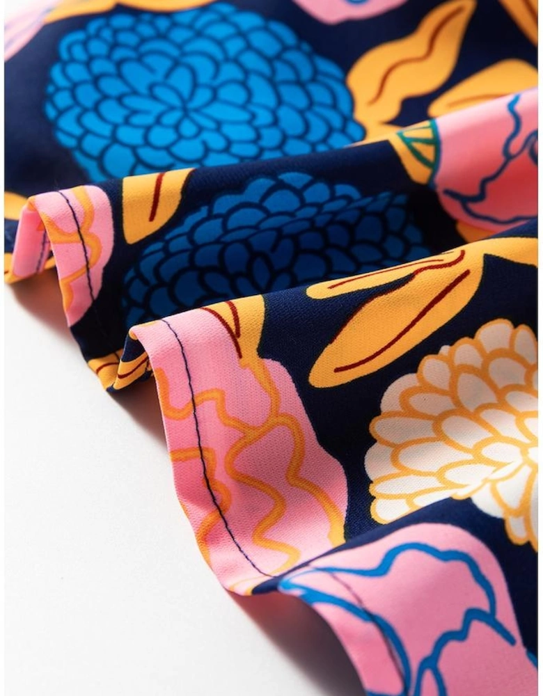 Navy Blue Hydrangea Floral Print Bishop Sleeve V Neck Shift Dress