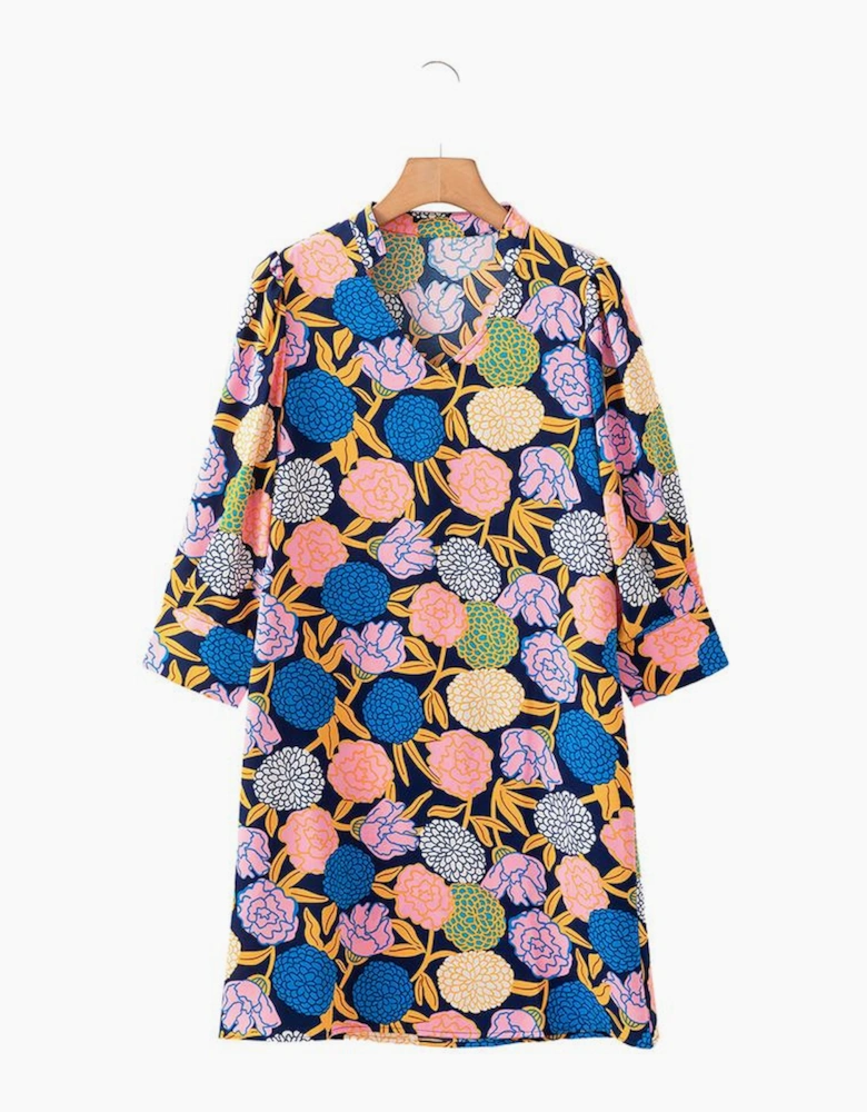 Navy Blue Hydrangea Floral Print Bishop Sleeve V Neck Shift Dress