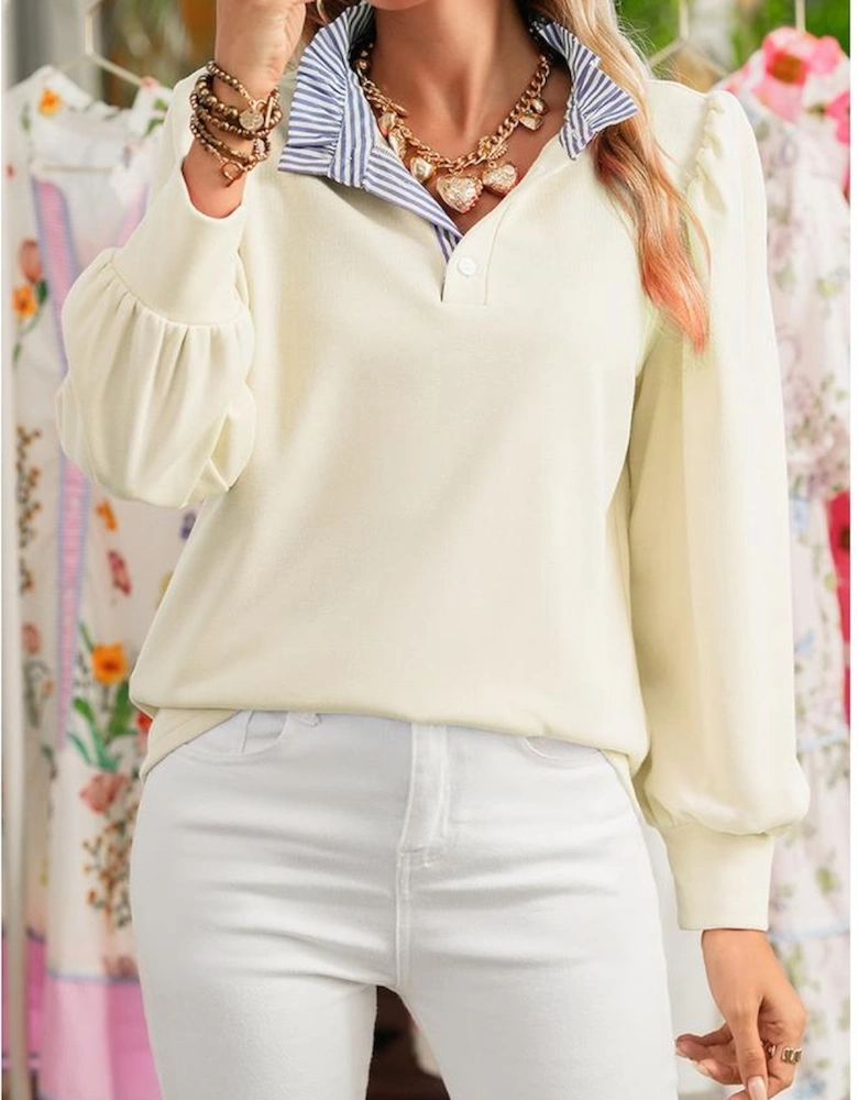 White Button Striped Collar Patchwork Puff Sleeve Sweatshirt