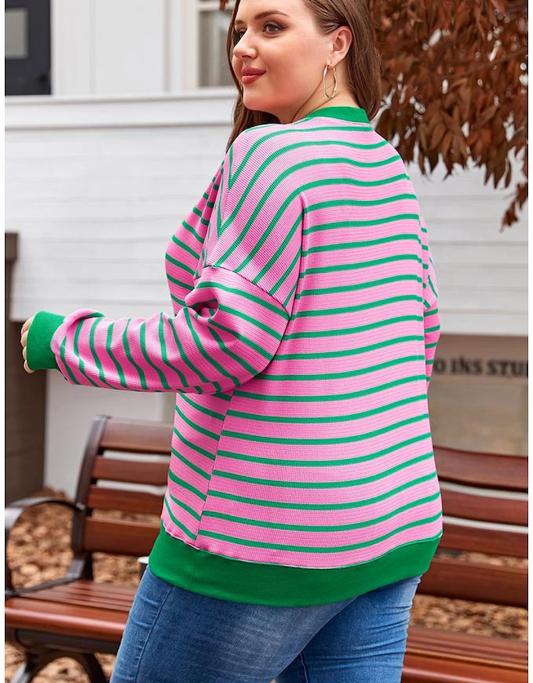 Pink Stripe Waffle Knit Crew Neck Plus Size Sweatshirt, 13 of 12