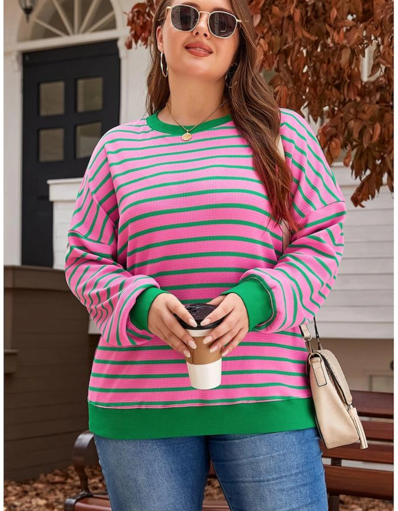 Pink Stripe Waffle Knit Crew Neck Plus Size Sweatshirt