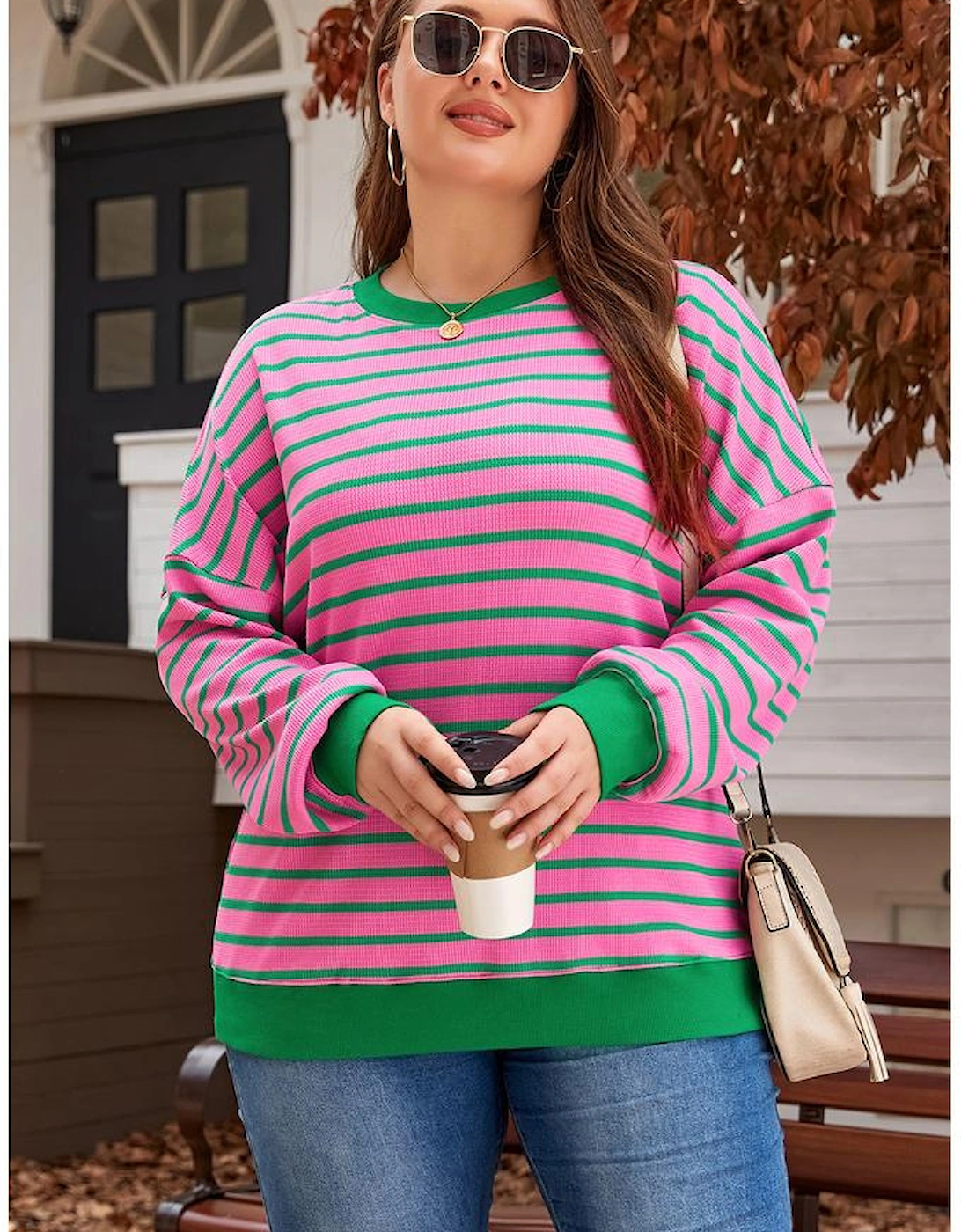 Pink Stripe Waffle Knit Crew Neck Plus Size Sweatshirt