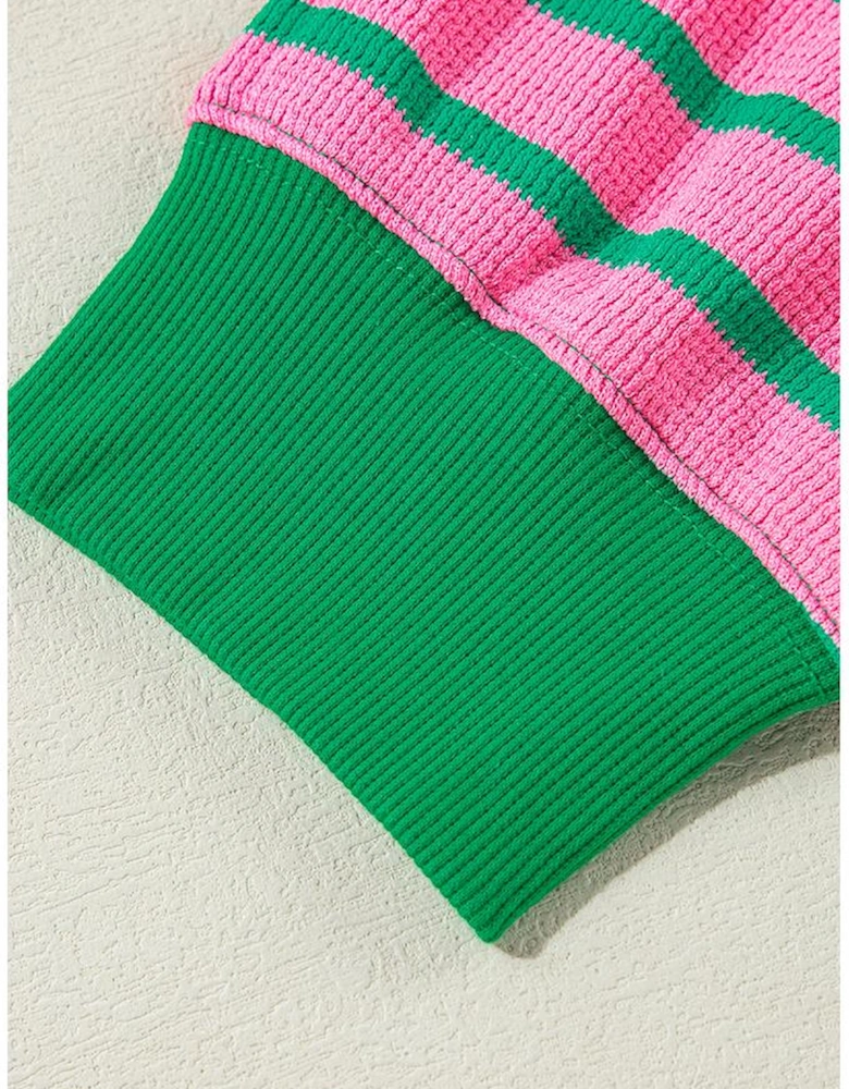 Pink Stripe Waffle Knit Crew Neck Plus Size Sweatshirt