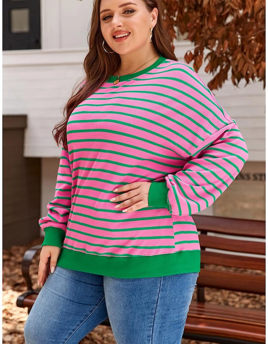 Pink Stripe Waffle Knit Crew Neck Plus Size Sweatshirt