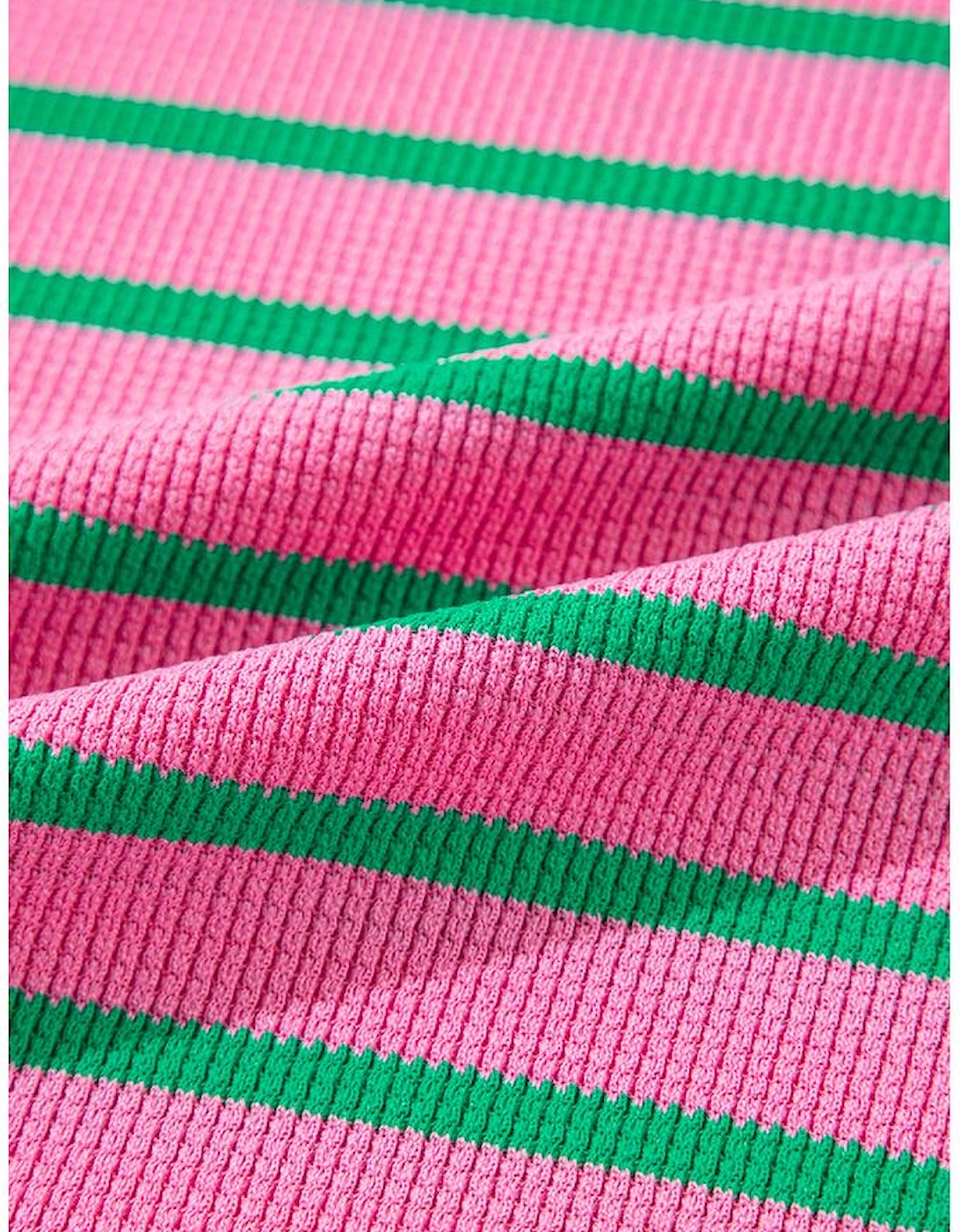 Pink Stripe Waffle Knit Crew Neck Plus Size Sweatshirt