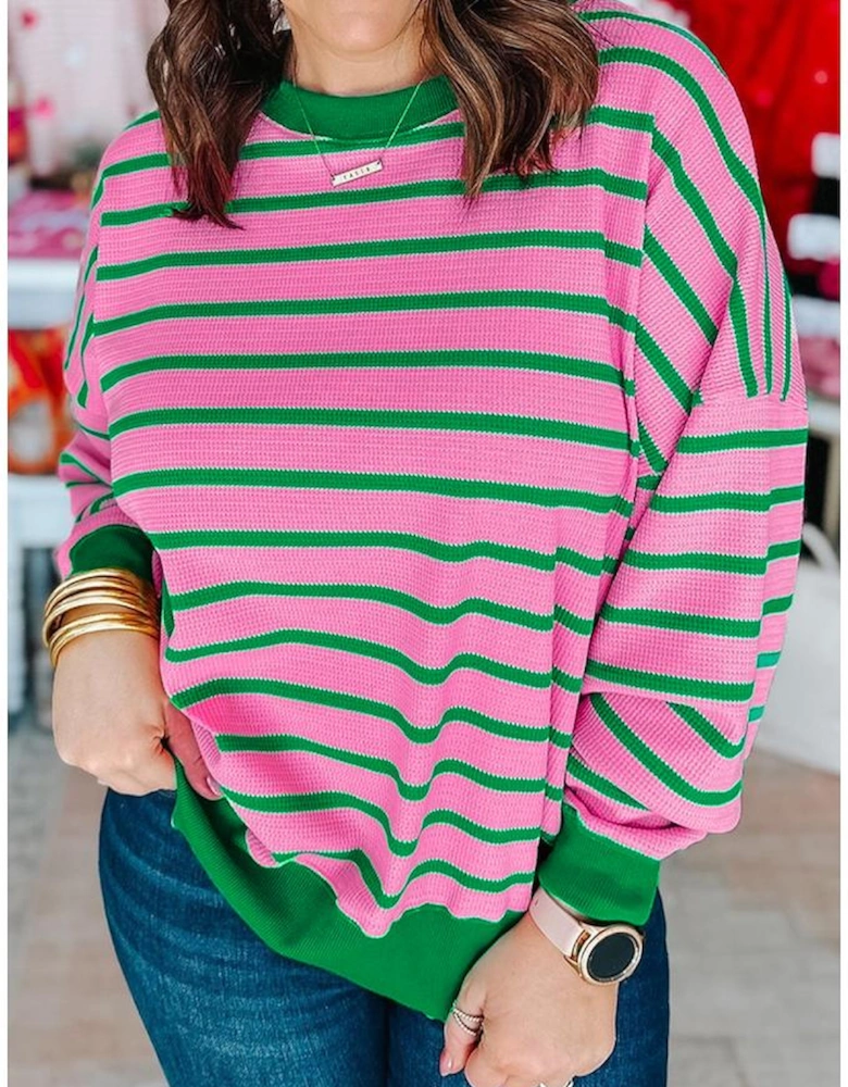Pink Stripe Waffle Knit Crew Neck Plus Size Sweatshirt