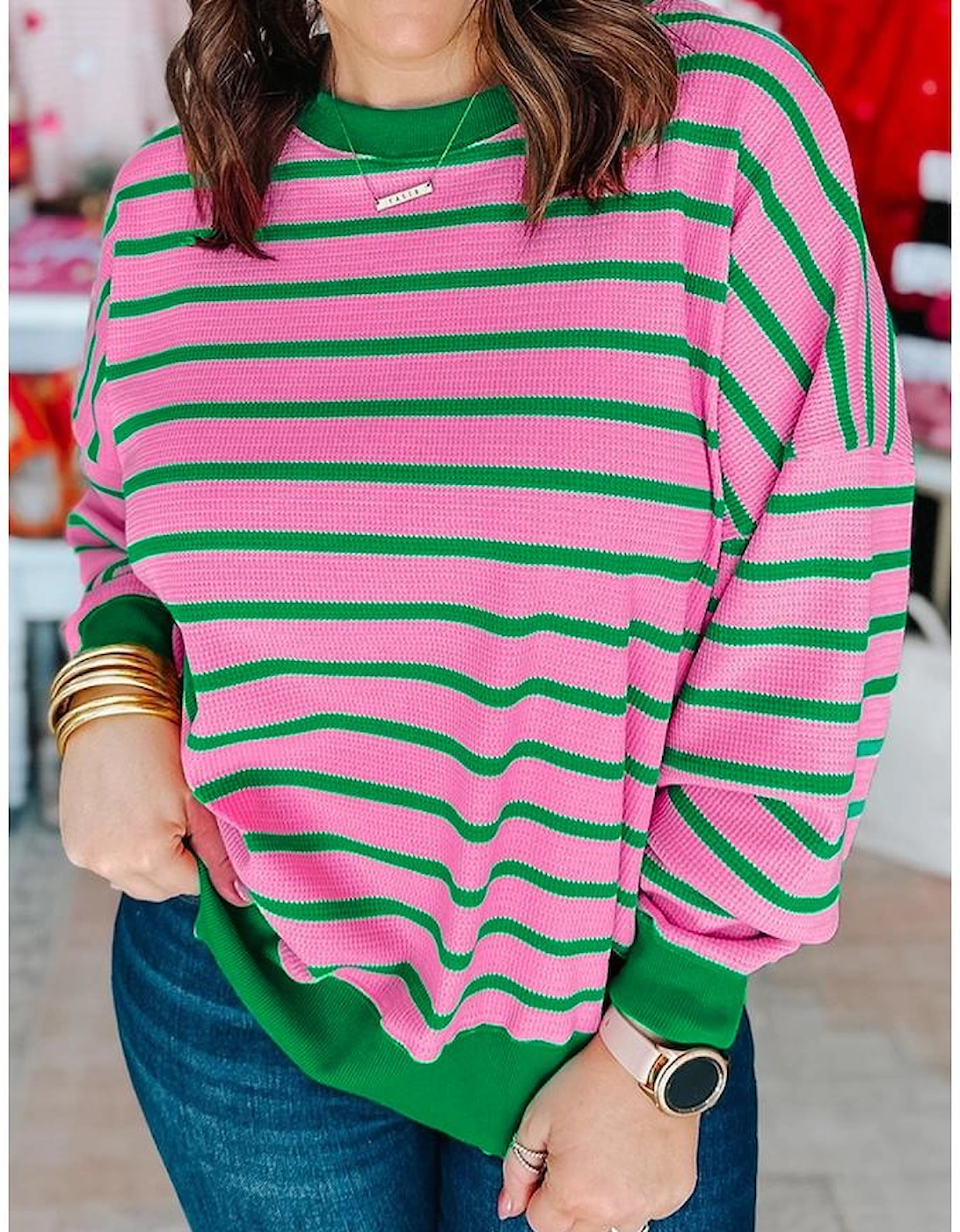 Pink Stripe Waffle Knit Crew Neck Plus Size Sweatshirt