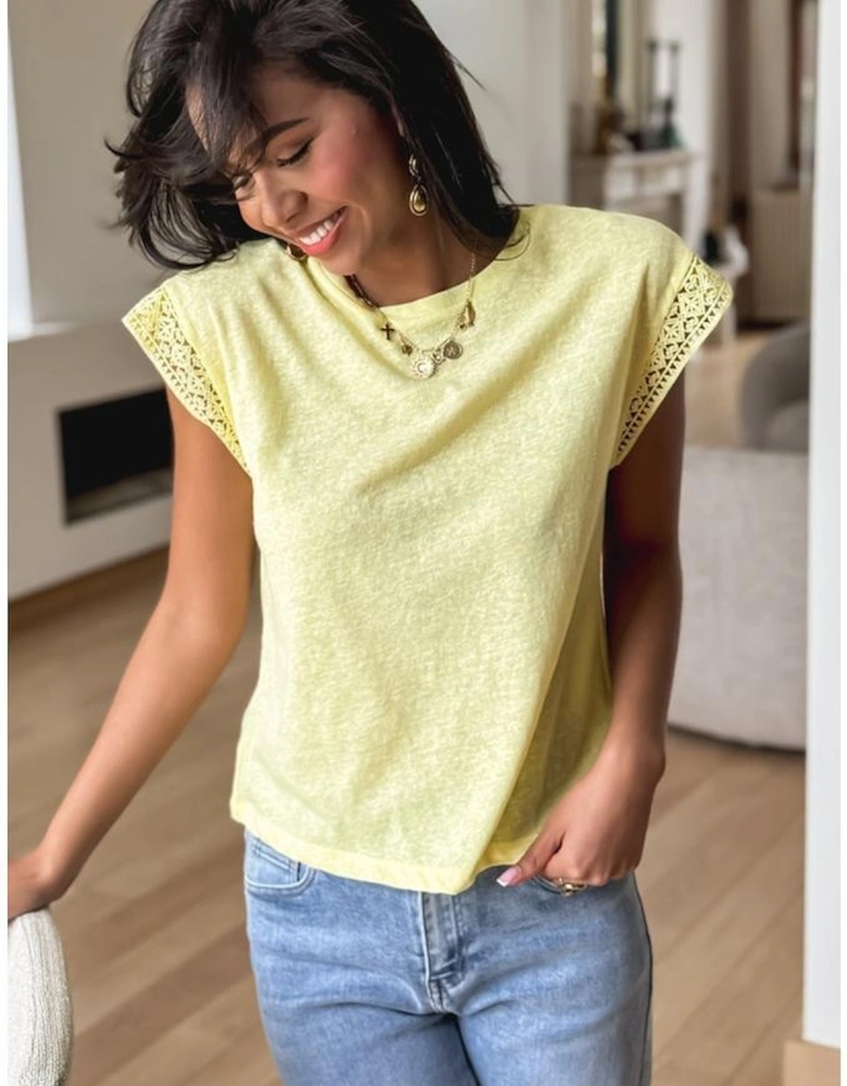 Yellow Cream Lace Patchwork Cap Sleeve Round Neck T Shirt