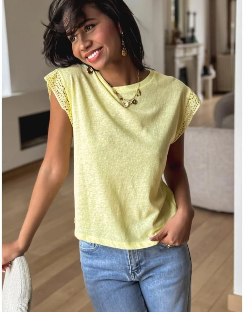 Yellow Cream Lace Patchwork Cap Sleeve Round Neck T Shirt