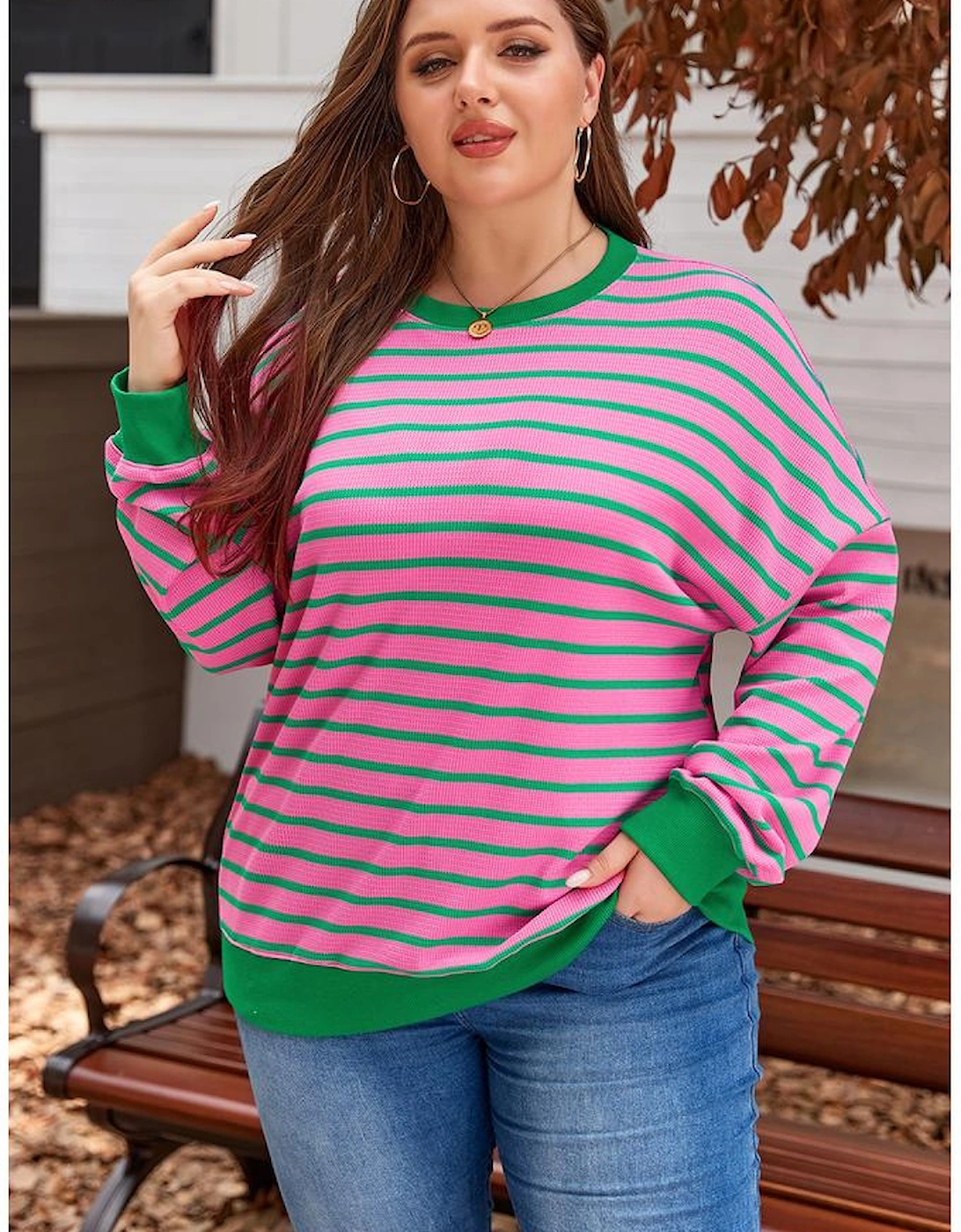 Pink Stripe Waffle Knit Crew Neck Plus Size Sweatshirt