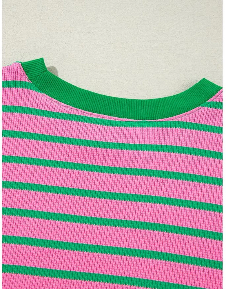 Pink Stripe Waffle Knit Crew Neck Plus Size Sweatshirt